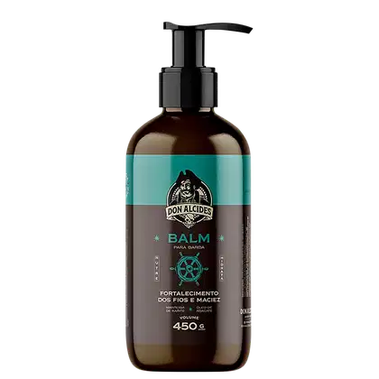 Frasco de balm para barba da marca Don Alcides, com embalagem em tons de verde e cinza, contendo 450g do produto. O rótulo apresenta o nome da marca e informações sobre os benefícios do balm para fortalecimento dos fios e maciez da barba.