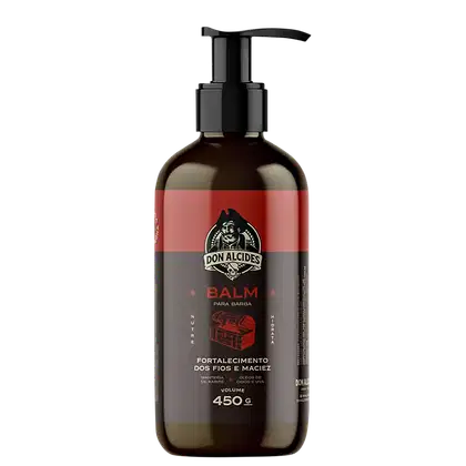 Balm para barba da marca Don Alcides, em embalagem de plástico com bomba dosadora, com rótulo vermelho e preto destacando o nome da marca e o tipo de produto.