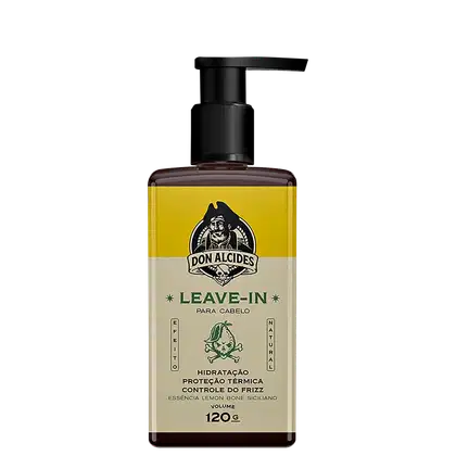 Frasco de leave-in da marca Don Alcides, com design em tons de amarelo e preto. O rótulo apresenta informações sobre os benefícios do produto, como hidratação, proteção térmica e controle do frizz.