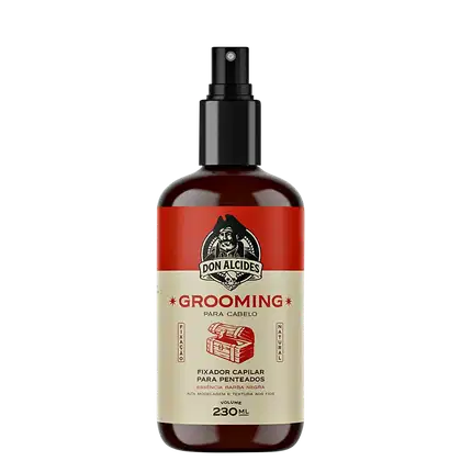 Frasco de spray de fixador capilar da marca Don Alcides, com design em vermelho e preto, rótulo com informações sobre o produto "Grooming para cabelo" e volume de 230 ml.