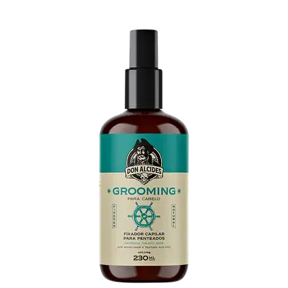 Frasco de 230 ml de fixador capilar para penteados da marca Don Alcides, com rótulo verde e preto destacando o nome do produto "Grooming" e informações sobre sua função.