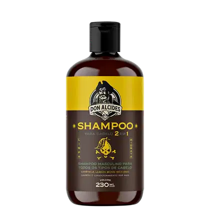 Frasco de shampoo masculino da marca Don Alcides, com 230 ml de volume. Embalagem em cores amarela e preta, com logotipo e informações sobre o produto, que é um shampoo 2 em 1 para todos os tipos de cabelo.