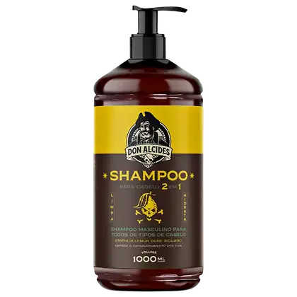 Frasco de shampoo masculino Don Alcides de 1000 ml, com embalagem em cores amarela e marrom, contendo rótulo com logotipo e informações sobre o produto.