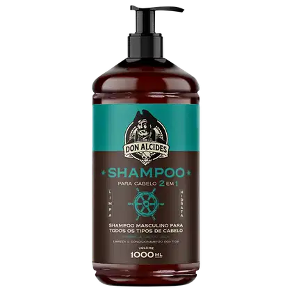 Frasco de shampoo masculino da marca Don Alcides, com 1000 ml de volume. O rótulo apresenta uma ilustração de um pirata e informações sobre o produto, com destaque para a indicação "Shampoo para cabelo 2 em 1".