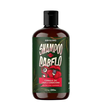 Frasco de shampoo da marca Don Alcides, com 230 ml de volume, apresentando rótulo verde com ilustração de flor vermelha e texto "Shampoo para Cabelo" em destaque.