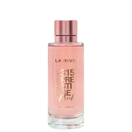 A imagem mostra um frasco do perfume 315 Prestige Pink da marca La Rive. O frasco é transparente com um líquido rosa claro dentro, e a tampa superior é de metal na cor rosa metálica. O nome do perfume  está escrito em letras cor rosé metálico.