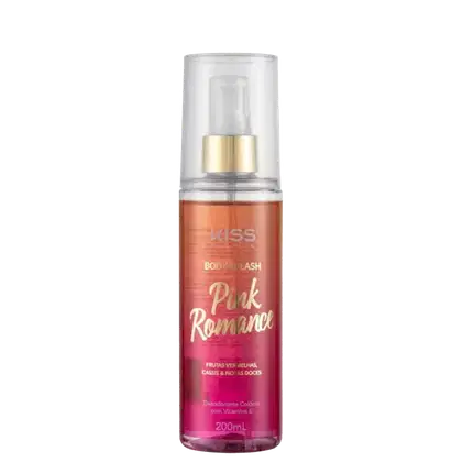 A imagem mostra o Body Splash em uma embalagem com cores rosa, laranja e dourado, apresentando o logotipo Kiss New York. A tampa é transparente e traz um detalhe dourado na válvula spray.