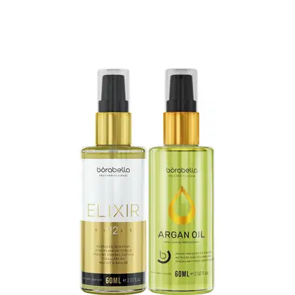A imagem mostra dois produtos da marca Borabella: Elixir 12 Óleos Reparador + Óleo de Argan 60ml cada