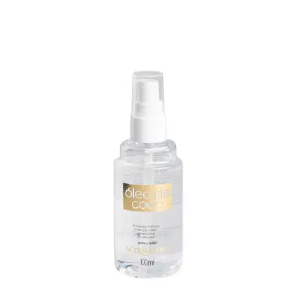 Frasco de 100ml de óleo de coco da marca Acquaflora, com bomba dosadora e rótulo em branco e dourado, contendo informações sobre proteção térmica e solar.