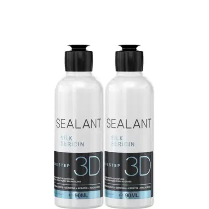 Dois frascos de Selagem 3D da marca Borabella. O rótulo também menciona que se trata de um tratamento de seda sericina, com uma fórmula semidefinitiva de um passo. Cada frasco contém 90ml de capacidade.