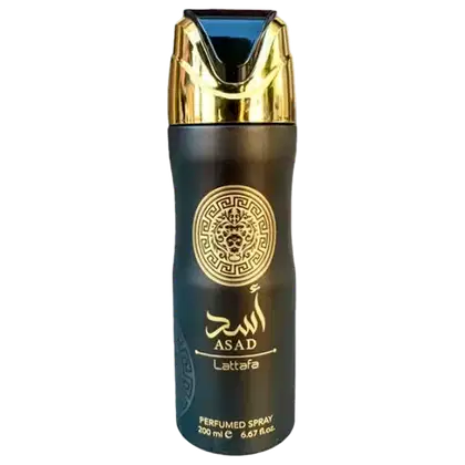 Frasco de desodorante spray Lattafa Asad, com embalagem em preto e dourado, contendo 200 ml de produto. O rótulo apresenta um design com elementos decorativos e o nome da fragrância em árabe e inglês.
