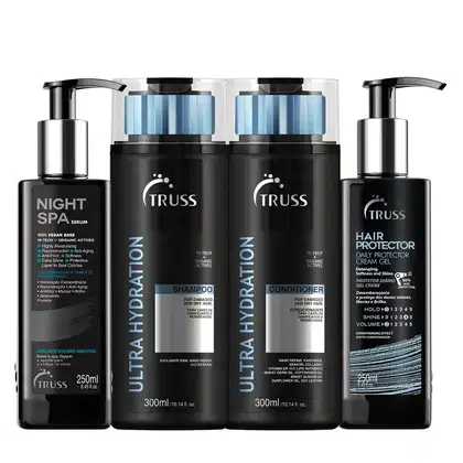 A imagem mostra uma linha de produtos para cabelos da marca Truss. São apresentados quatro itens diferentes:

1. Shampoo Ultra Hidratação
2. Condicionador Ultra Hidratação
3. Leave-in Hair Protector
4. Sérum Noturno Night Spa
