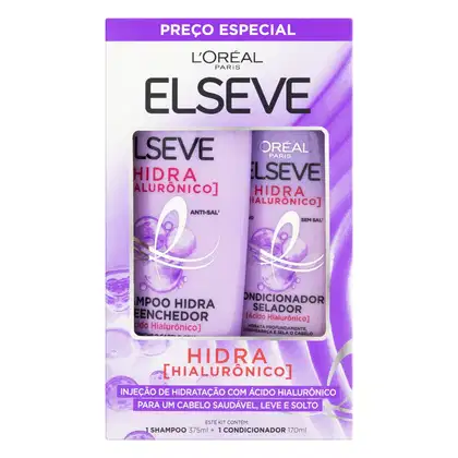 Kit de produtos Elseve Hidra Hialuronico, contendo shampoo de 375ml e condicionador de 170ml, em embalagem promocional com destaque para o "Preço Especial" e a tecnologia de ácido hialurônico.