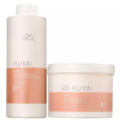 Shampoo de 1L e máscara capilar de 500ml da linha Fusion para cabelos danificados.