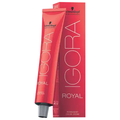 Coloração de cabelo da marca Schwarzkopf Professional, na cor vermelha, com o nome "Igora Royal" impresso em preto. O produto é descrito como uma tintura de cabelo permanente.