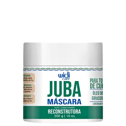 Juba Máscara Reconstrutura da Widi Care, em embalagem branca com detalhes em azul e verde, contendo 500g de óleo de girassó para tratamento capilar.