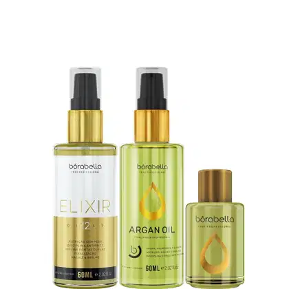 Produtos da marca Borabella: Óleo Capilar Elixir 60ml + Óleo de Argan 60ml + Argan 7ml