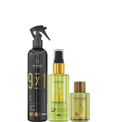 Produtos da marca Borabella: Fluido Brush 300ml + Óleo de Argan 60ml + Argan 7ml