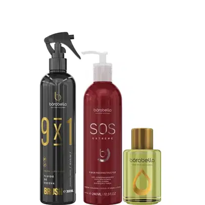 Kit com leave-in 9x1 Brush, máscara capilar SOS Extreme e reparador de pontas Argan e Macadâmia, da marca Borabella.