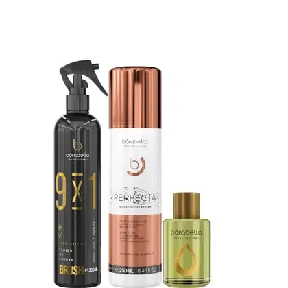 Kit com progressiva Perfecta, leave-in 9x1 Brush e reparador de pontas Argan e Macadâmia, da marca Borabella.