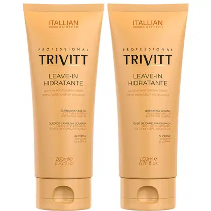 Dois frascos de creme hidratante leave-in da marca Itallian Hairtech Professional Trivitt. Os frascos são de plástico rígido na cor bege claro. Possuem formato cilíndrico com tampa na mesma cor.