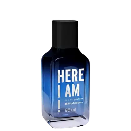 Frasco de perfume azul com letras brancas.