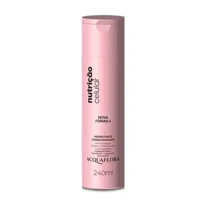Frasco rosa de 240ml da linha Nutrição Celular da Acquaflora, contendo condicionador hidratante com nova fórmula, conforme indicado no rótulo.