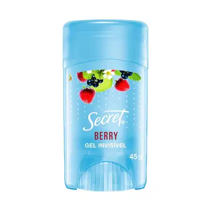 Frasco de gel desodorante invisível da marca Secret, com aroma de frutas vermelhas. Embalagem azul clara com imagem de morangos e amoras. Rótulo com o nome da marca e do produto em destaque.