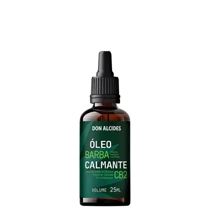 Óleo barba calmante CB2 da marca Don Alcides, em frasco de 25ml com rótulo verde e preto, contendo informações sobre os ingredientes e benefícios do produto.