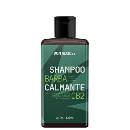 Frasco de shampoo da marca Don Alcides, com rótulo verde e branco, contendo 120 ml do produto "Shampoo Barba Calmante CB2", com ingredientes como óleo de girassol ozonizado, patcho e flor de maracujá.