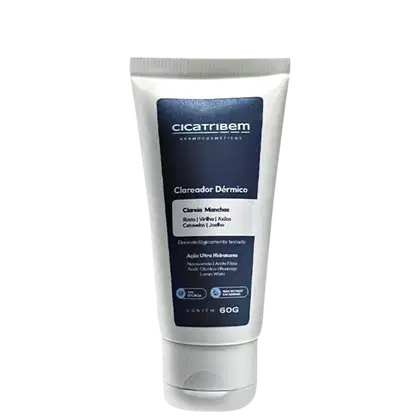 Tubo de creme dermatológico Cicatribem, com embalagem branca e azul escuro, rotulado como "Clareador Dérmico" para clarear manchas, com ação ultra-hidratante.