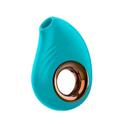 Vibrador de silicone de cor turquesa com detalhes em bronze, com formato ergonômico e compacto, projetado para proporcionar prazer e estimulação.