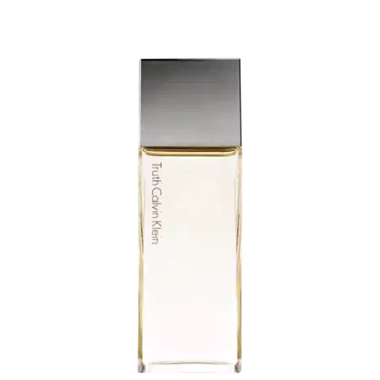 O frasco possui um design retangular com uma tampa prateada e o nome da marca "Truth Calvin Klein" impresso na parte frontal em letras douradas. Visual elegante e minimalista.