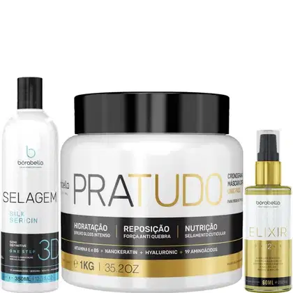Kit com progressiva Selagem 3D, máscara capilar Pra Tudo e óleo capilar Elixir, da marca Borabella.