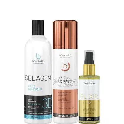 Kit com progressiva Selagem 3D, redutor de volume Perfecta e óleo capilar Elixir, da marca Borabella.