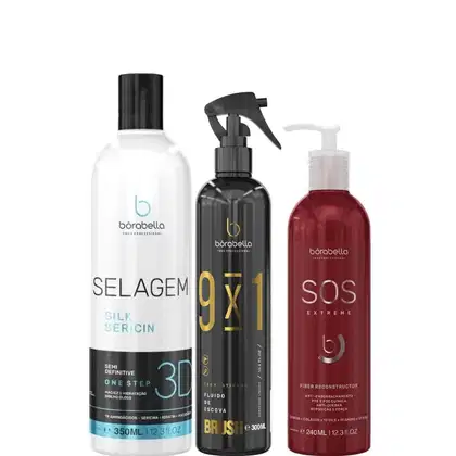 Kit com progressiva Selagem 3D, leave-in 9x1 Brush e máscara capilar SOS Extreme, da marca Borabella.