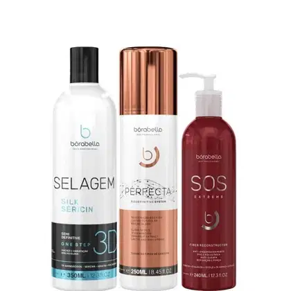 Kit com progressiva Selagem 3D, redutor de volume Perfecta e máscara SOS Extreme, da marca Borabella.