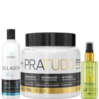 Kit com progressiva selagem 3D, máscara capilar Pra Tudo e reparador de pontas, da marca Borabella.