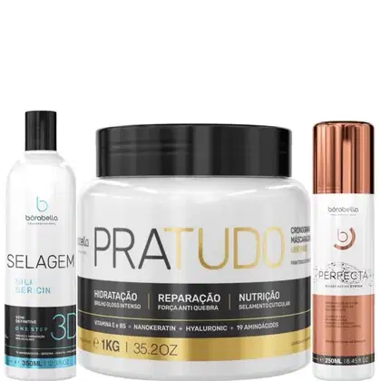 Kit com progressiva selagem 3D, máscara capilar Pra Tudo e escova progressiva Perfecta, da marca Borabella.