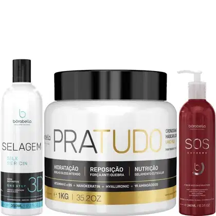 Kit com escova progressiva Selagem 3D, máscara Pra Tudo e máscara de reconstrução SOS Extreme, da marca Borabella.