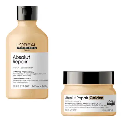 A imagem mostra dois produtos de cuidados capilares da linha L'Oréal Professionnel Série Expert Absolut Repair. Um é um shampoo em um frasco plástico bege, contendo 300ml. O outro é uma máscara capilar chamada "Absolut Repair Golden", com 250ml.