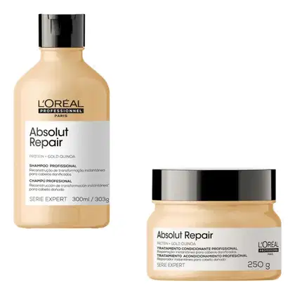 Kit L'Oréal Professionnel Serie Expert Absolut Repair Gold Quinoa + Protein Instant Resurfacing com shampoo e máscara capilar.