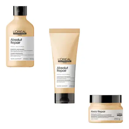 Kit com shampoo, condicionador e máscara capilar Absolut Repair da marca L'Óreal Professionnel.