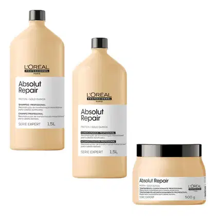 Kit com shampoo, condicionador e máscara capilar Absolut Repair da marca L'Óreal Professionnel.