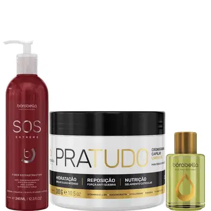 Kit com máscara de reconstrução SOS Extreme, máscara capilar Pra Tudo e reparador de pontas, da marca Borabella.