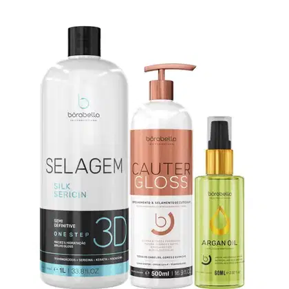 Kit com escova progressiva Selagem 3D, reconstrutor capilar Cauter Gloss e reparador de pontas, da marca Borabella.
