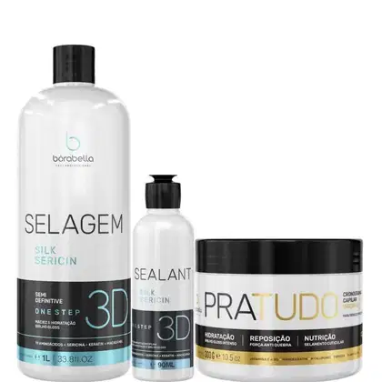 Kit com escova progressiva Selagem 3D de tamanhos diferentes, além de máscara Pra Tudo, da marca Borabella.