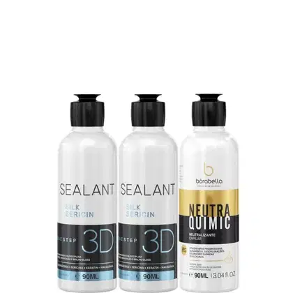 Kit com duas escovas progressivas Selagem 3D e neutralizante capilar NeutraQuimic, da marca Borabella.