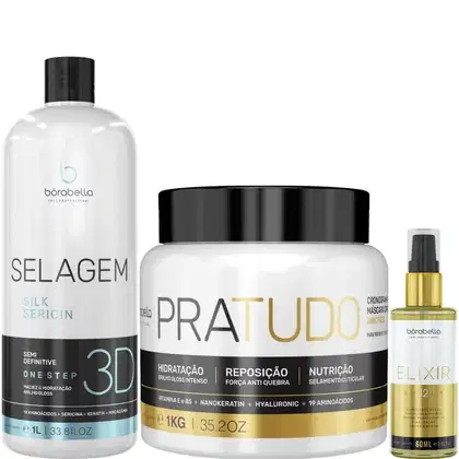 Kit com escova progressiva Selagem 3D, máscara Pra Tudo e óleo capilar Elixir, da marca Borabella.