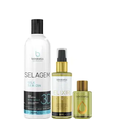 Kit com escova progressiva Selagem 3D, reparador de pontas e óleo capilar Elixir, da marca Borabella.